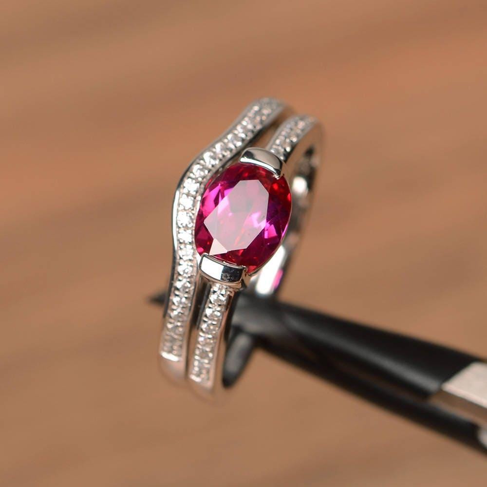 Cocktail-Party-Ring Rubinring Ovalschliff Roter Edelstein Juli Geburtsstein Braut-Sets Sterling Silber Ring von PalmaryJewelry