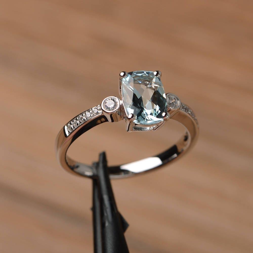 Echte Aquamarin Ehering Sterlingsilber März Geburtsstein Ringkissenschliff von PalmaryJewelry