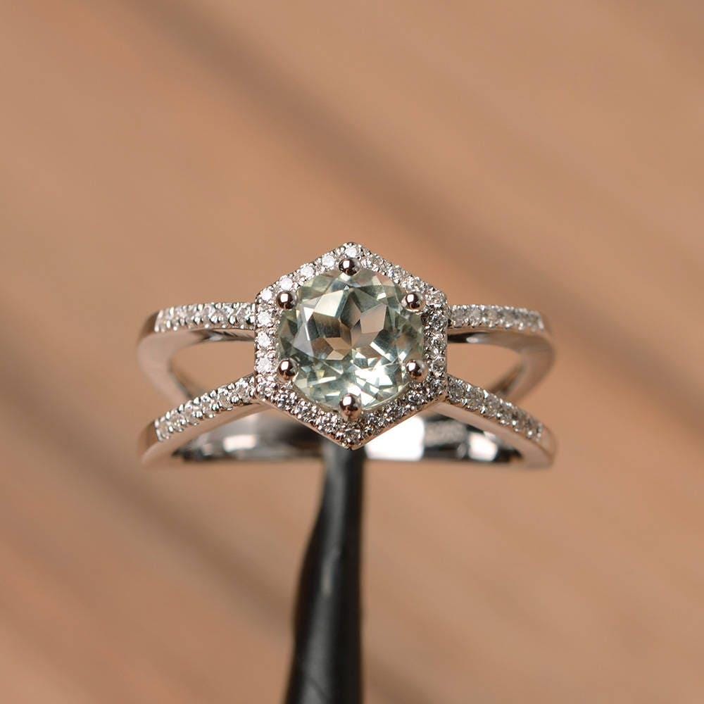 Echte Natürliche Grün Amethyst Ring Ehering Solid Sterling Silber Runden Schnitt Edelstein-Ring von PalmaryJewelry