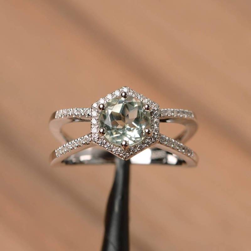 Echte Natürliche Grün Amethyst Ring Ehering Solid Sterling Silber Runden Schnitt Edelstein-Ring von PalmaryJewelry