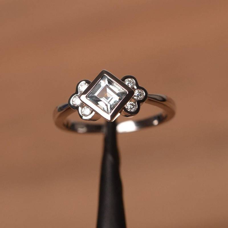 Echter Aquamarin Ring März Geburtsstein Quadrat Schnitt Sterling Silber Verlobungsring Lünette Einstellung von PalmaryJewelry