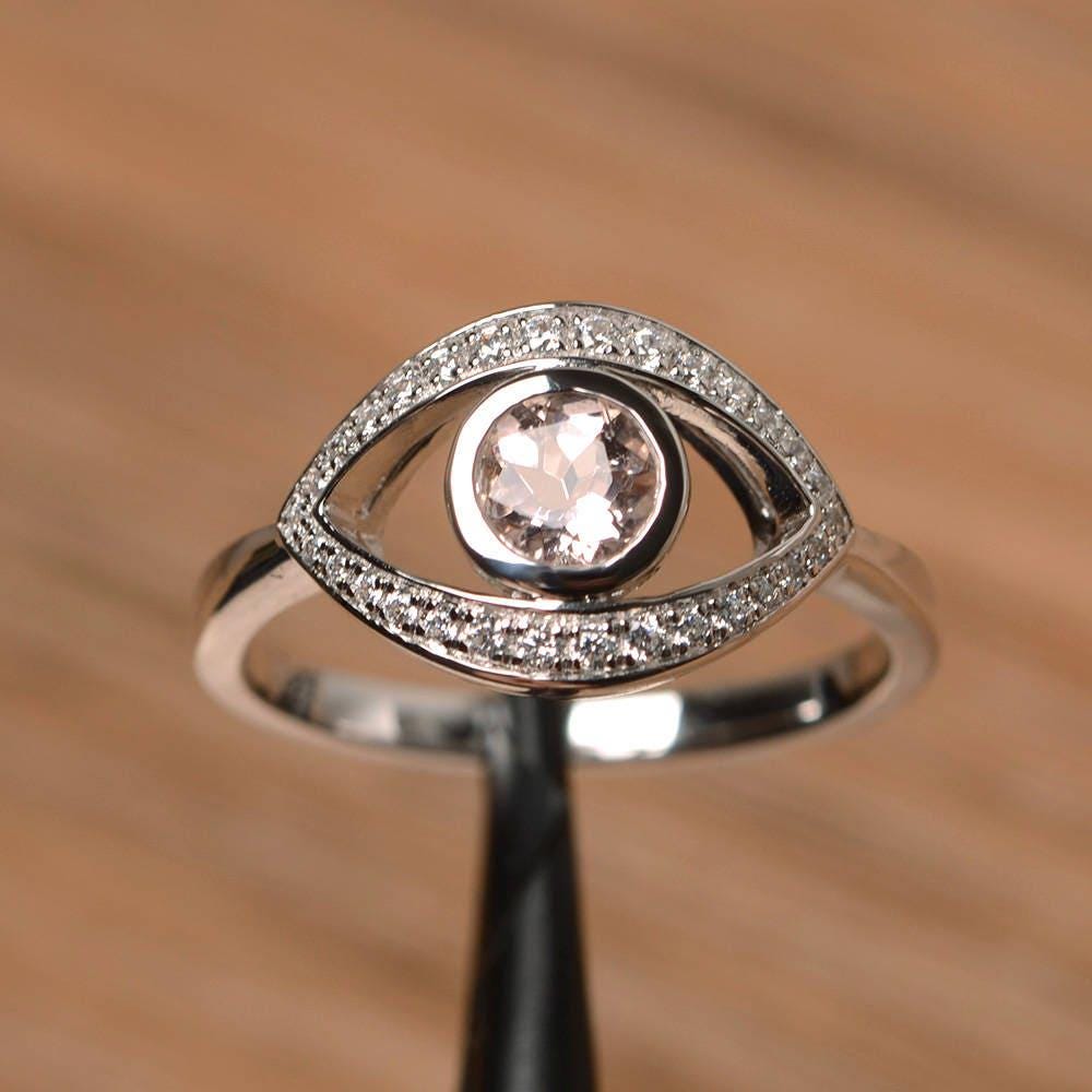 Echter Rosa Morganit Ring Ehering Solid Sterling Silber Runden Schnitt Bösen Blick Edelstein von PalmaryJewelry