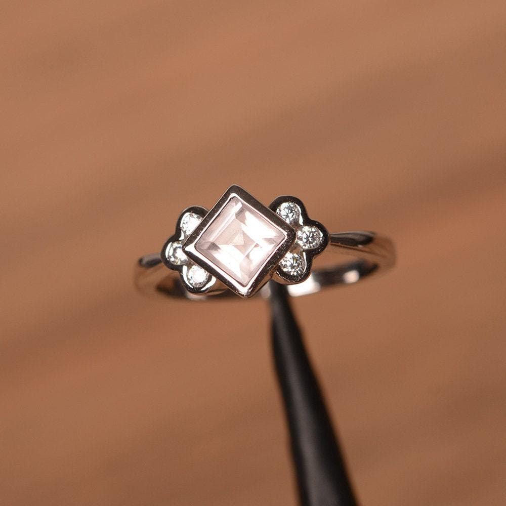 Ehering Natürlich Rosa Quarz Ring Quadrat Schliff Edelsteine Edelstein Sterling Silber Fassung von PalmaryJewelry