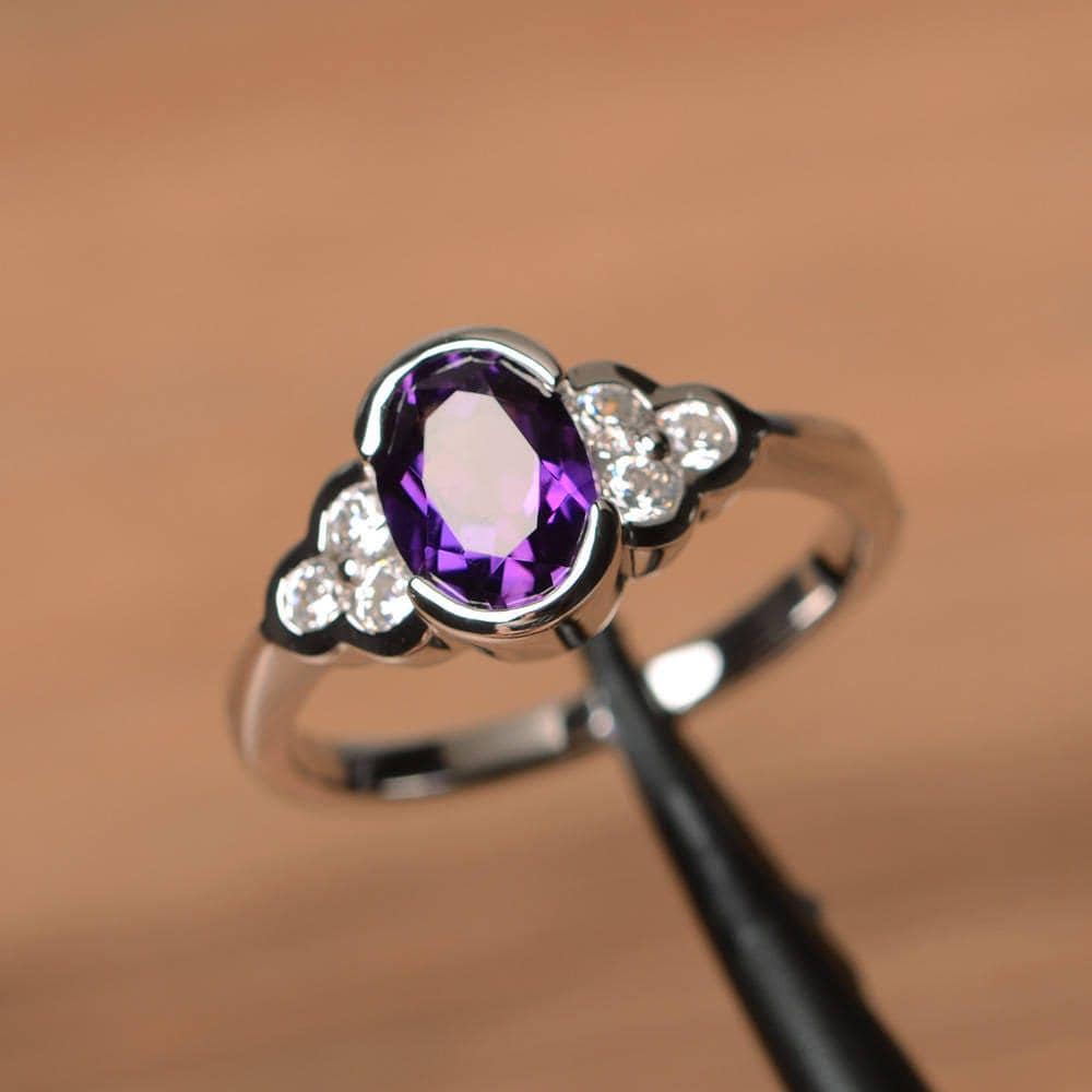 Ehering Natürliche Amethyst Ring Oval Geschliffen Edelstein Februar Geburtsstein Lila Sterling Silber von PalmaryJewelry