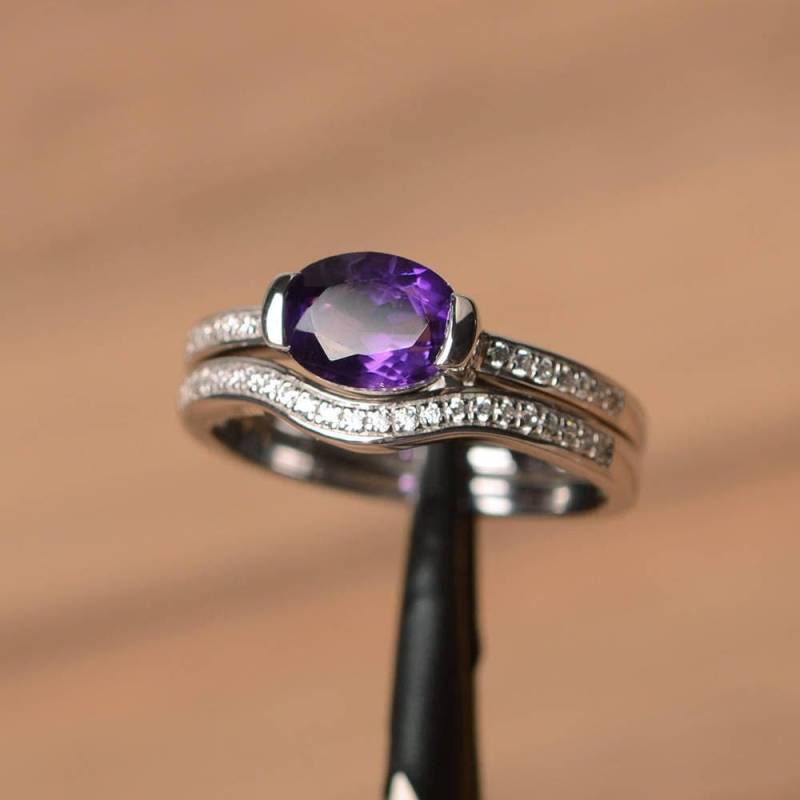 Ehering Natürlicher Amethyst Ovaler Geschliffener Violetter Edelstein Februar Geburtsstein Ring Sterling Silver von PalmaryJewelry