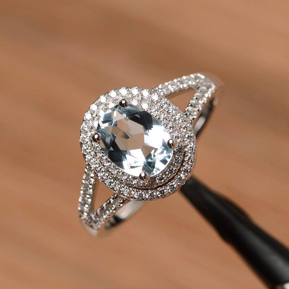 Halo Natürlichen Aquamarin Ring Versprechen März Geburtsstein Sterling Silber Oval Geschnitten Blauen Edelstein von PalmaryJewelry