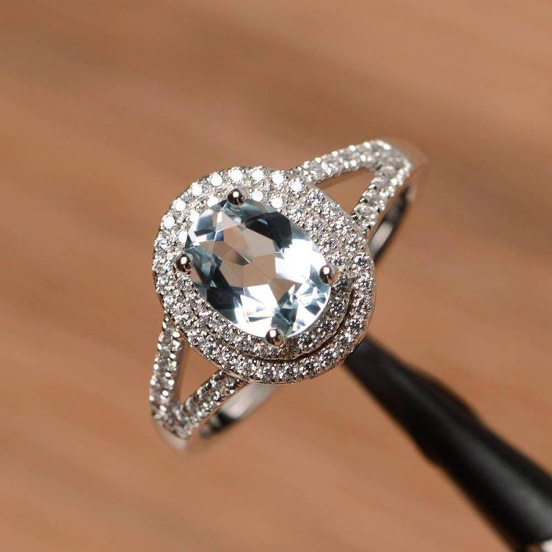 Halo Natürlichen Aquamarin Ring Versprechen März Geburtsstein Sterling Silber Oval Geschnitten Blauen Edelstein von PalmaryJewelry