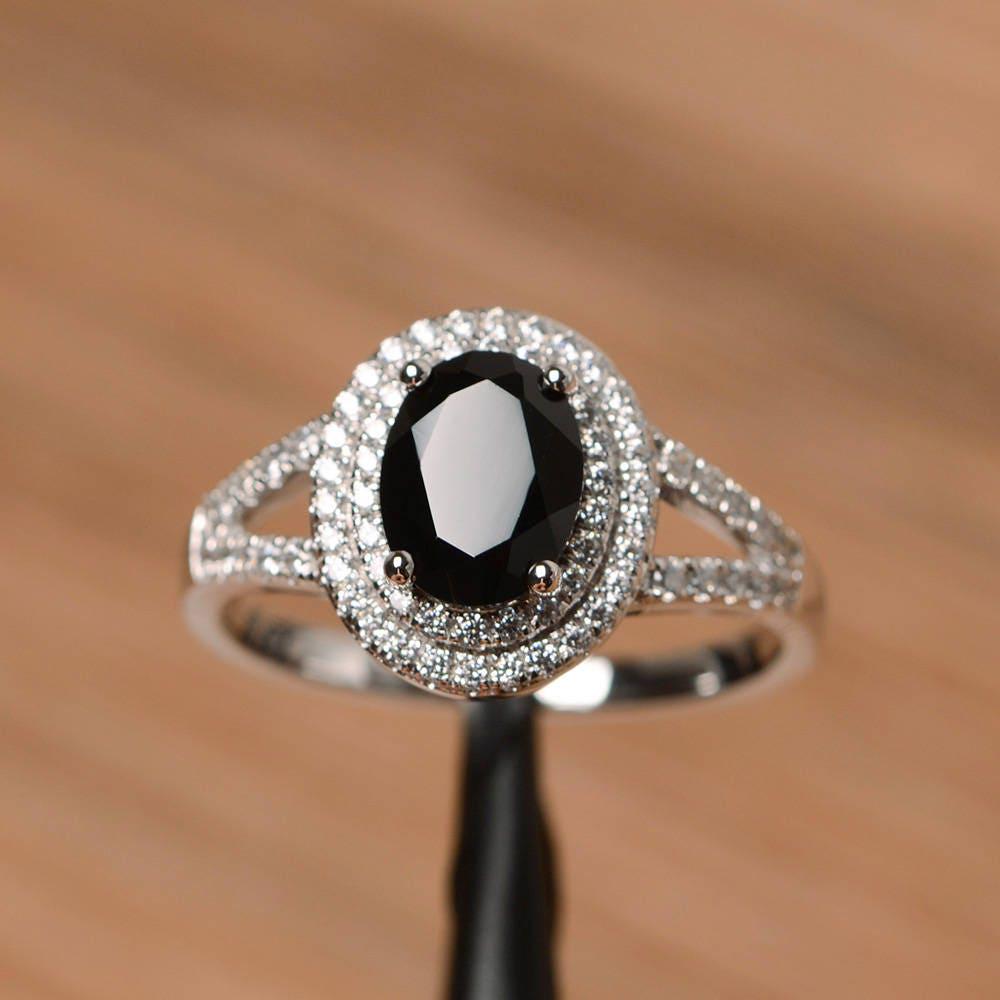 Heiligenschein Echte Schwarze Spinell Ring Versprechen Sterling Silber Oval Geschliffenen Schwarzen Edelstein von PalmaryJewelry