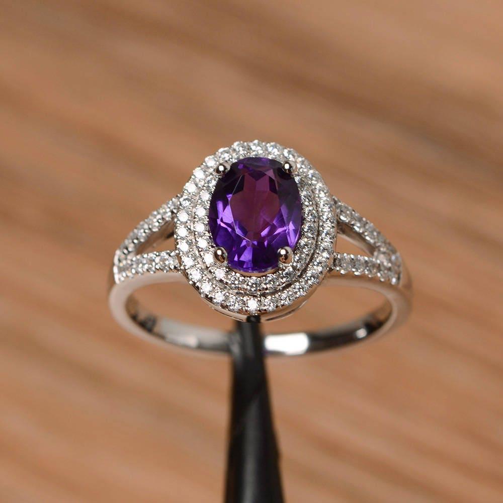 Heiligenschein Natürlicher Amethyst Ring Ehering Februar Geburtsstein Sterling Silber Oval Geschnitten Lila Edelstein von PalmaryJewelry