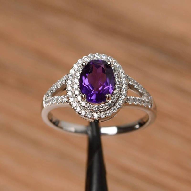 Heiligenschein Natürlicher Amethyst Ring Ehering Februar Geburtsstein Sterling Silber Oval Geschnitten Lila Edelstein von PalmaryJewelry