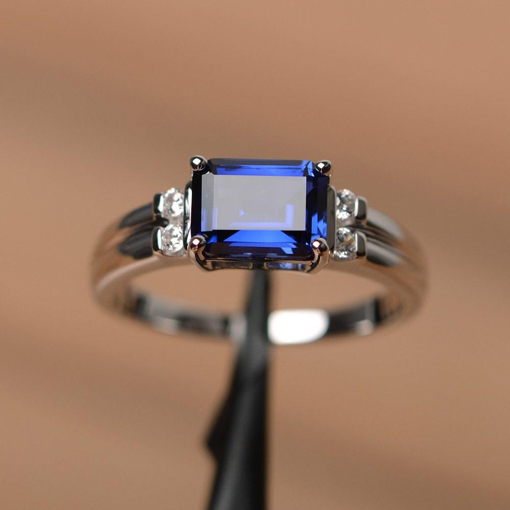 Lab Saphir Ring September Geburtsstein Smaragd Schnitt Blaue Edelstein Sterling Silber Verlobungsring von PalmaryJewelry