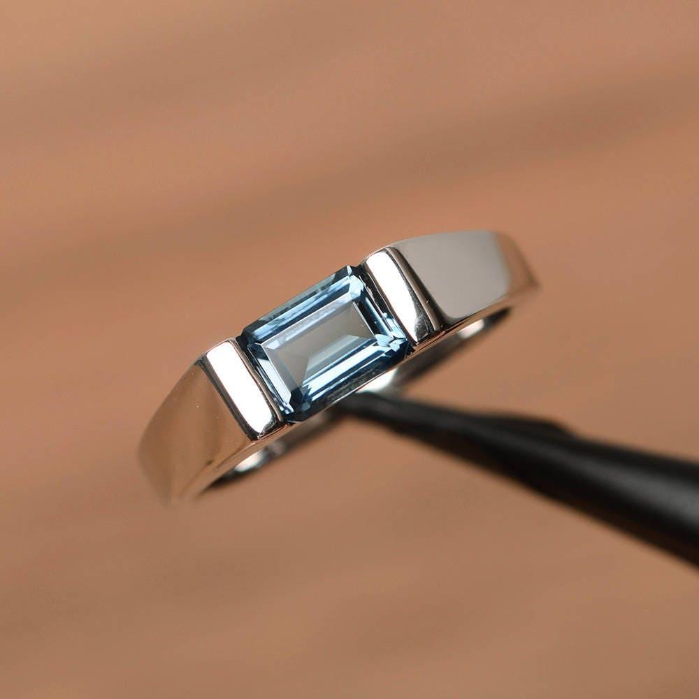 London Blautopas Verlobungsring Ost West Ring Sterling Silber Paar Ringe November Geburtsstein von PalmaryJewelry