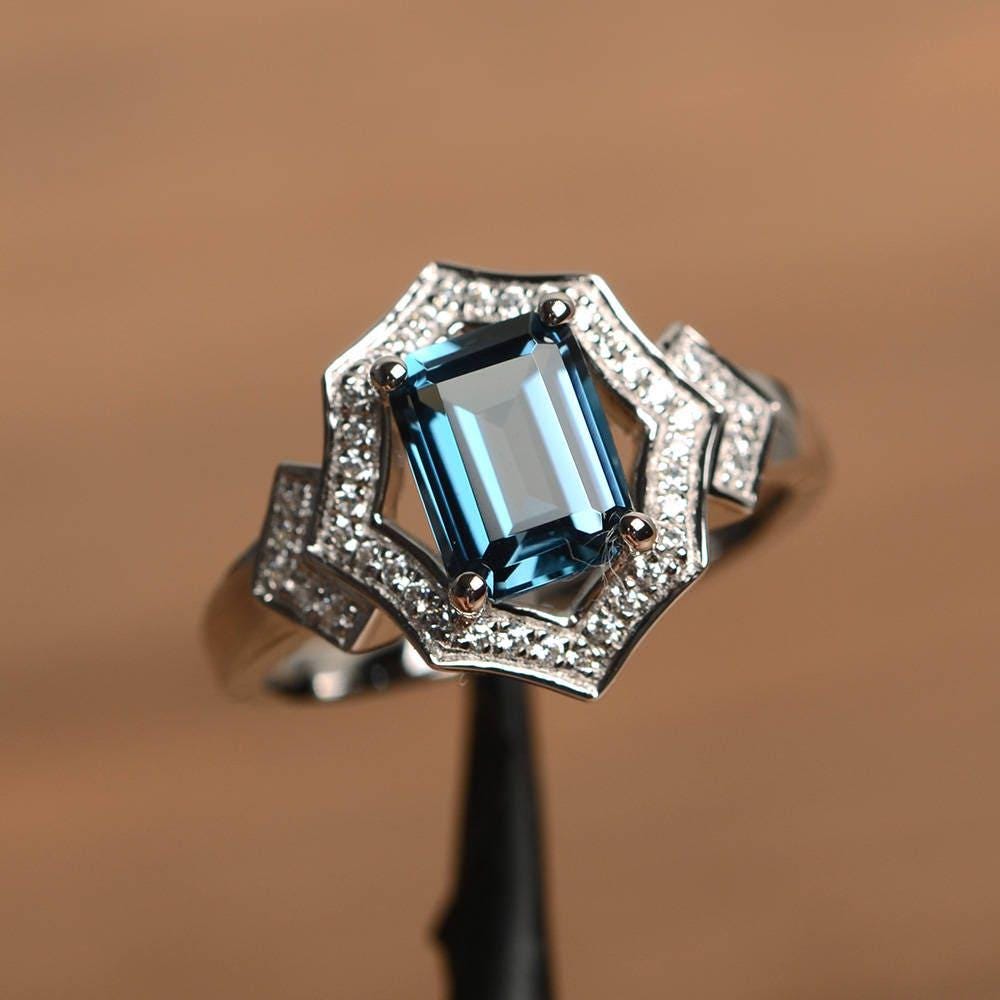 London Blue Topas Ring Versprechen Smaragdschliff Blauen Edelstein Sterlingsilber von PalmaryJewelry
