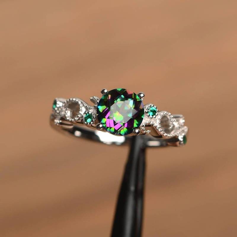 Mystik-Topasring Regenbogen-Topasring Topas-Jubiläumsring Rund Geschnittener Regenbogen Edelstein Sterling Silber von PalmaryJewelry