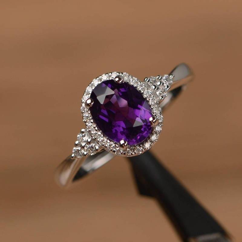 Natürliche Amethyst Ring Ovalschliff Sterling Silber Halo Verlobungsring Februar Geburtsstein Lila Edelsteine von PalmaryJewelry