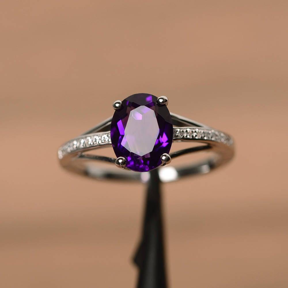 Natürliche Amethyst Ring Verlobung Hochzeit Oval Geschnitten Solide Sterling Silber Geburtsstein Lila Edelstein von PalmaryJewelry