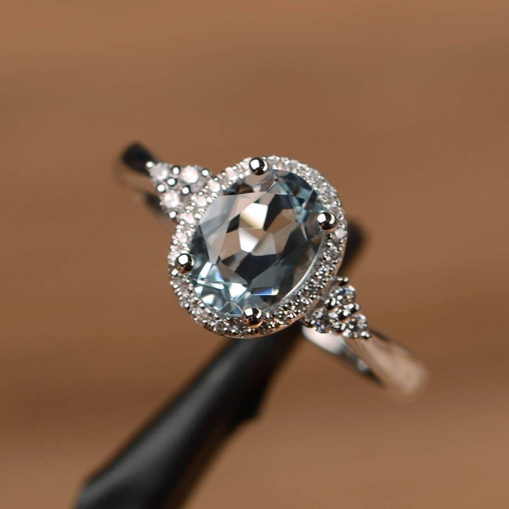 Natürliche Aquamarin Ehering Halo Verlobungsring Ovalschliff Sterling Silber März Geburtsstein von PalmaryJewelry