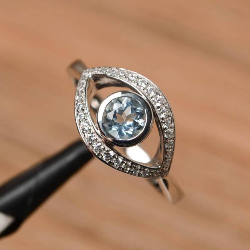 Natürliche Aquamarin Ring Sterling Silber Ehering Runden Schnitt März Geburtsstein Bösen Blick Blauen Edelstein von PalmaryJewelry