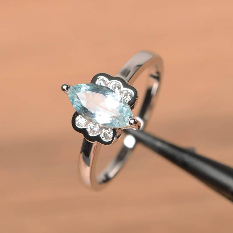 Natürliche Aquamarin Ring Verlobungsring März Geburtsstein Marquise Geschnitten Edelstein Blaue Edelsteine Sterling Silber von PalmaryJewelry