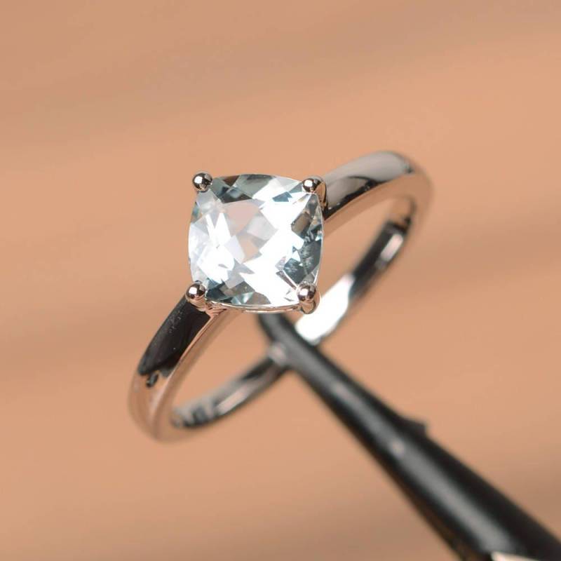 Natürliche Aquamarin Ring Zusage Blauer Edelstein März Geburtsstein Sterling Silber Solitär von PalmaryJewelry