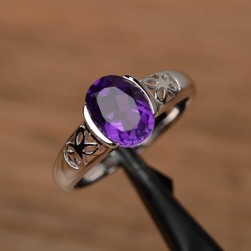 Natürliche Echte Amethyst Ring Ovalschliff Sterling Silber Verlobungsring Lila Edelstein von PalmaryJewelry
