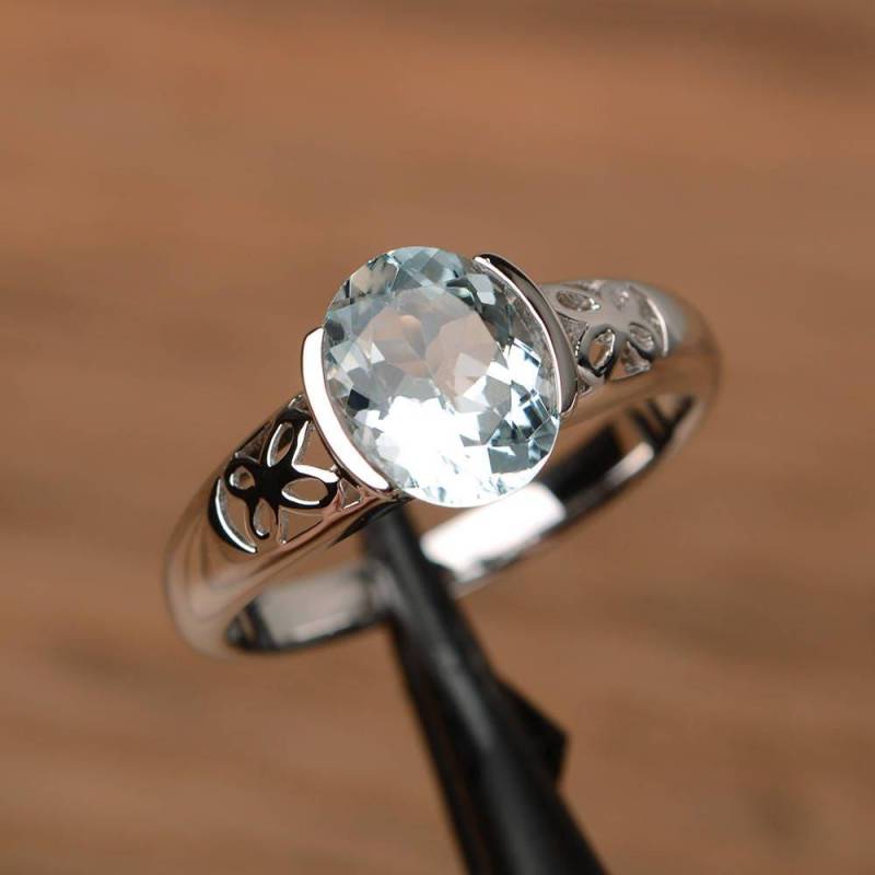 Natürliche Echte Aquamarin Ring Oval Geschnitten Edelstein Geburtsstein Versprechen Sterling Silber Lünette Fassung Blauer von PalmaryJewelry