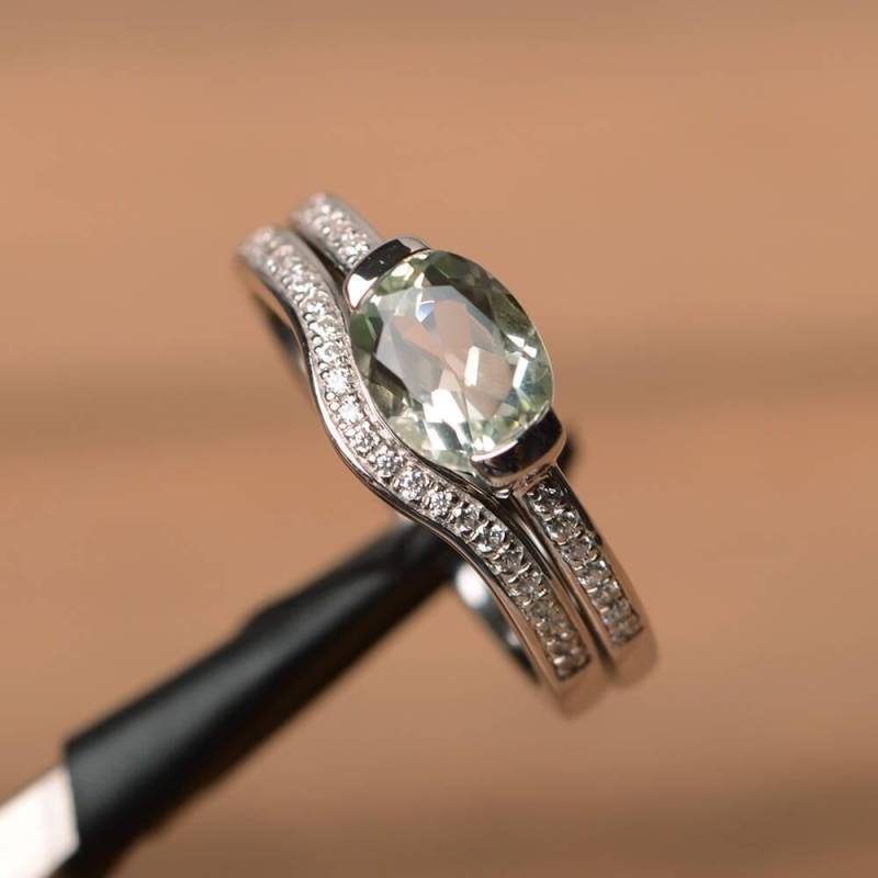 Natürliche Grüne Amethyst Ring Ehering Ovale Edelstein Braut-Sets Sterling Silber Geschliffen von PalmaryJewelry