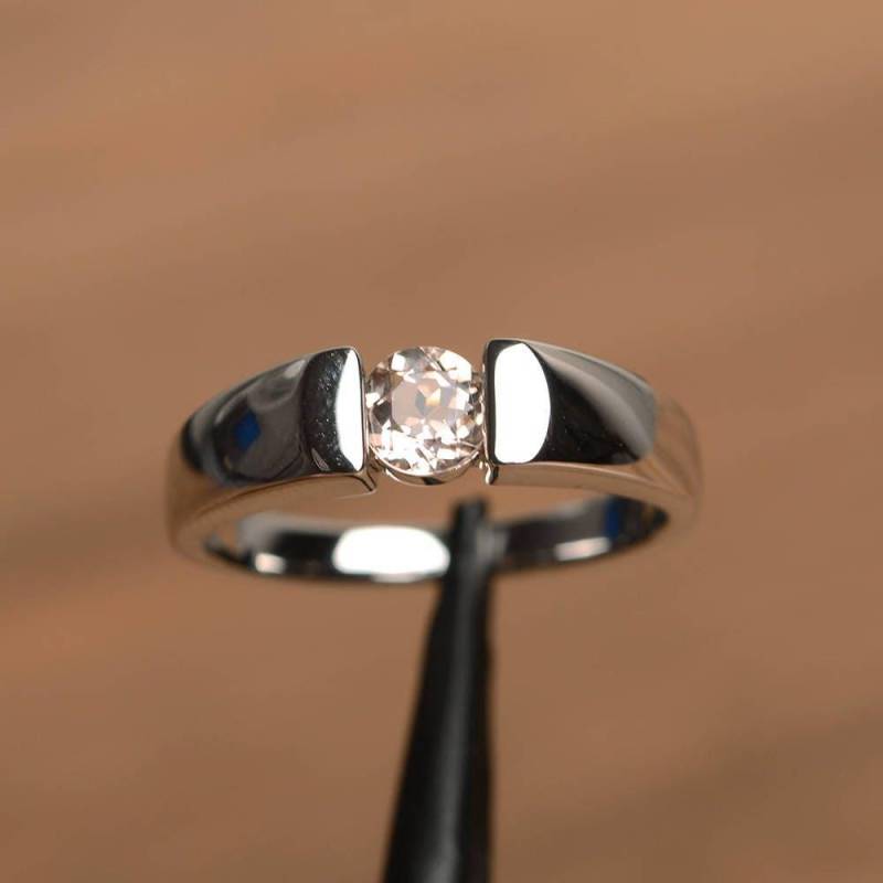 Natürliche Rosa Morganit Ring Verlobungsring Runden Geschnittenen Edelstein Sterling Silber Solitärring von PalmaryJewelry