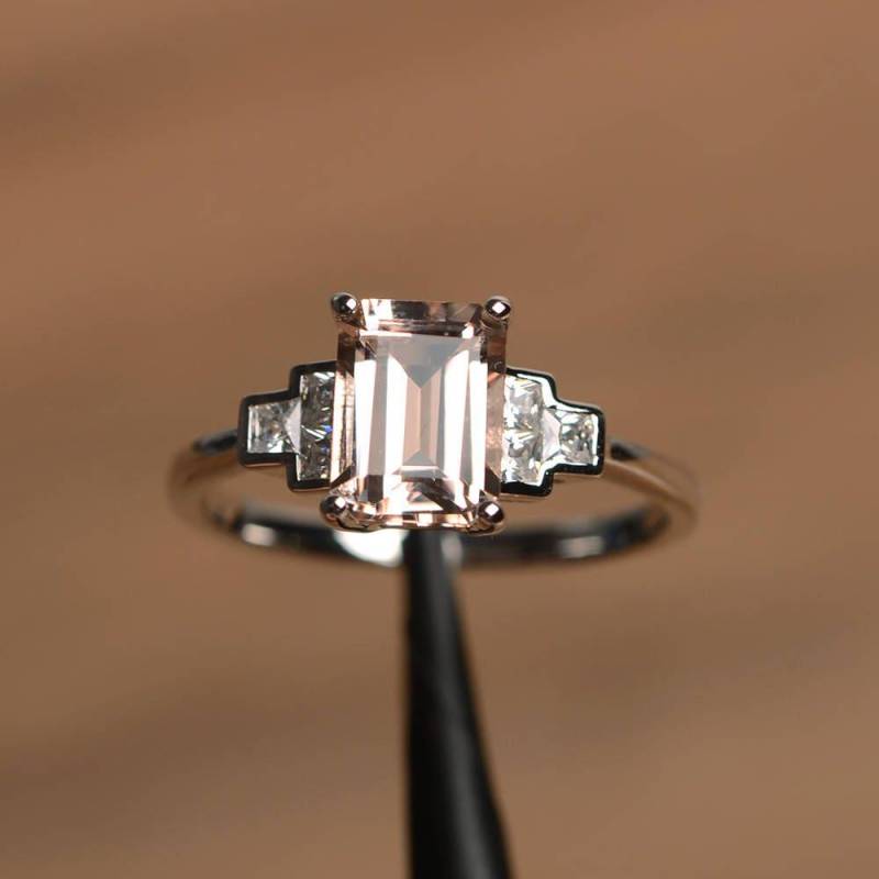 Natürliche Rosa Morganit Ring Verlobungsring Smaragd Geschnitten Edelstein Sterling Silber von PalmaryJewelry