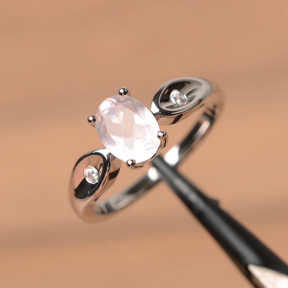 Natürliche Rosa Quarz Ring Verlobungsring Ovale Geschliffene Edelstein Edelsteine Sterling Silber von PalmaryJewelry