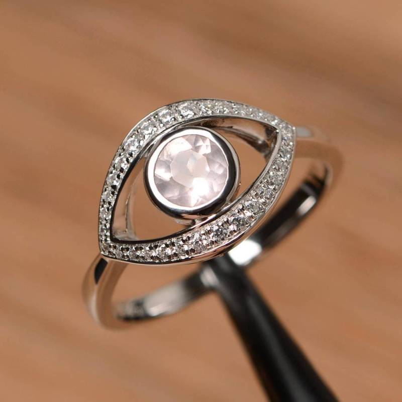 Natürliche Rosa Quarz Ring Verlobungsring Solid Sterling Silber Jahrestag Runden Geschnittenen Edelstein von PalmaryJewelry