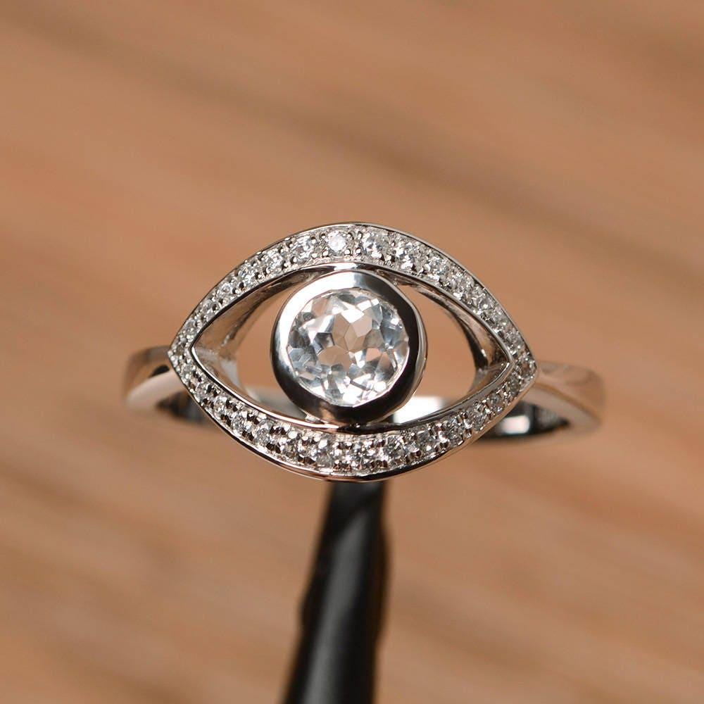Natürliche Weiße Topas Ring Sterling Silber Ehering Runden Schnitt Bösen Blick von PalmaryJewelry