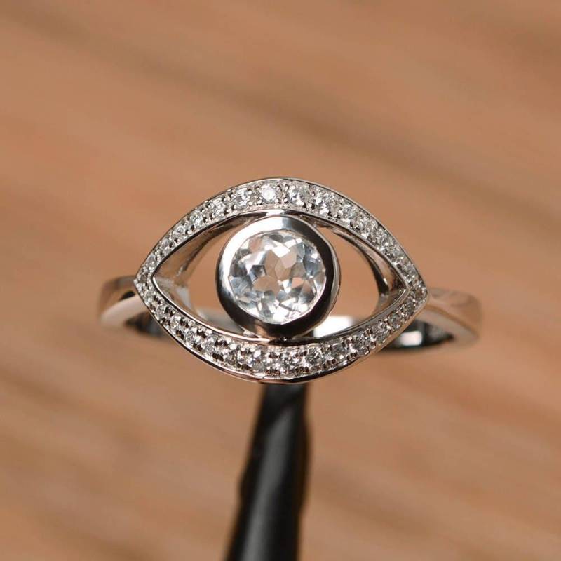 Natürliche Weiße Topas Ring Sterling Silber Ehering Runden Schnitt Bösen Blick von PalmaryJewelry