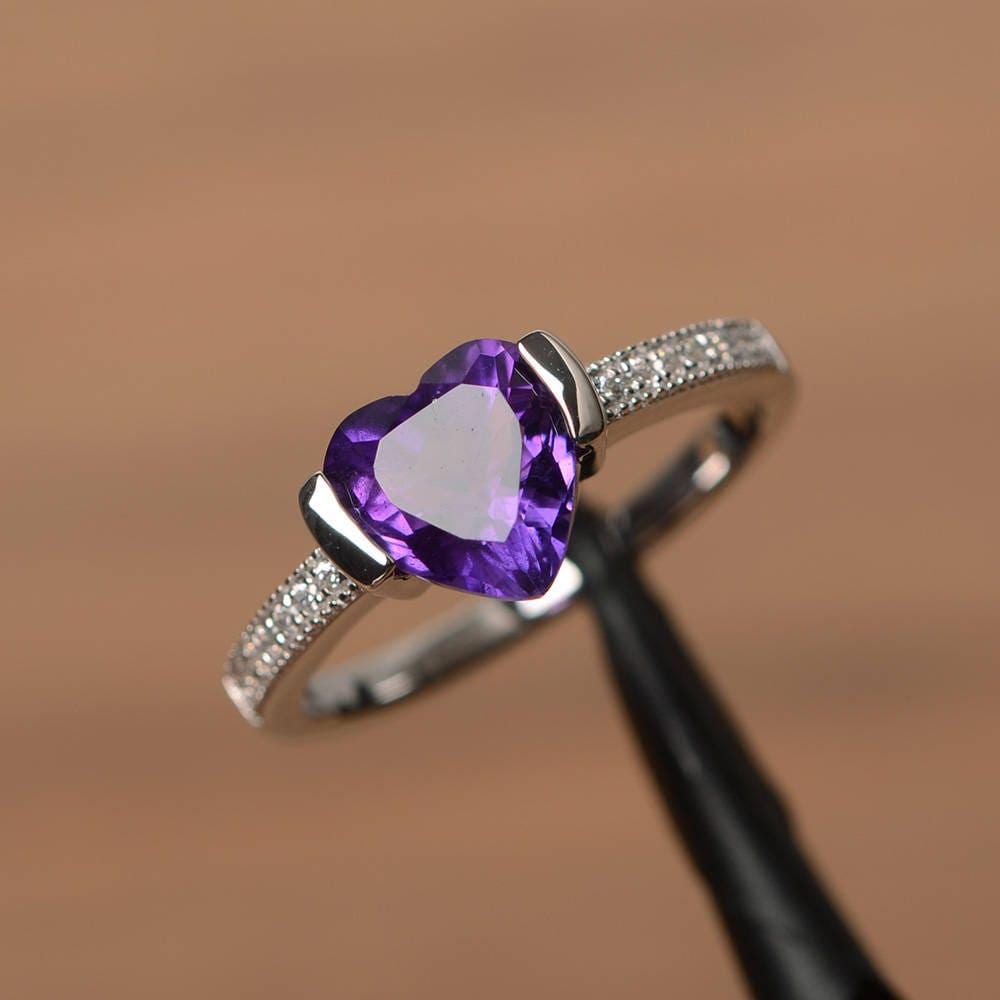 Natürlicher Amethyst Ring Ehering Februar Geburtsstein Herz Geschnitten Edelstein Sterling Silber von PalmaryJewelry