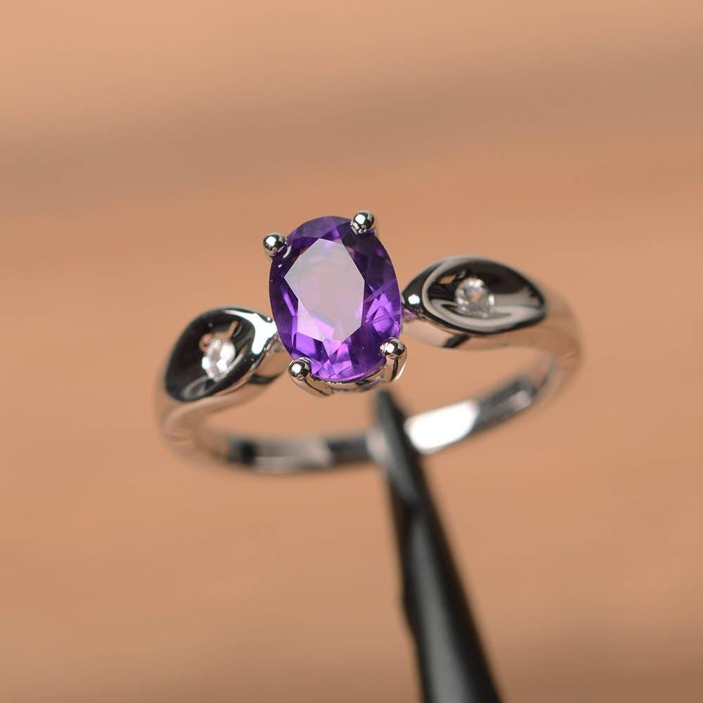 Natürlicher Amethyst Ring Versprechen Ovaler Geschliffener Edelstein Februar Geburtsstein Lila Edelsteine Sterling Silber von PalmaryJewelry