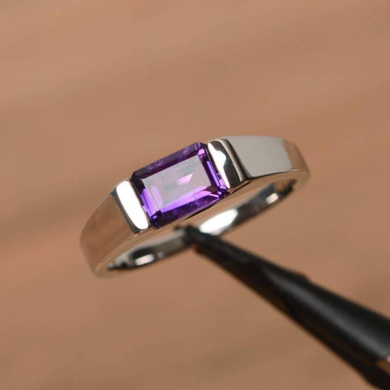 Natürlicher Amethyst Versprechen Ring Februar Geburtsstein Sterling Silber Smaragd Geschnitten Horizontaler von PalmaryJewelry
