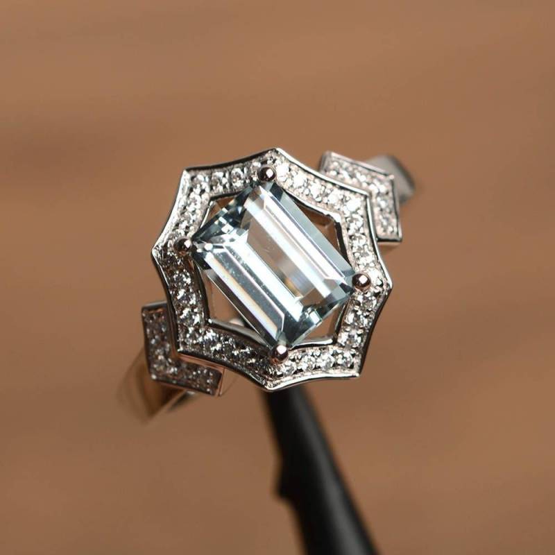 Natürlicher Aquamarinring Jubiläumsring März Geburtsstein Smaragdschliff Sterlingsilber Ehering von PalmaryJewelry