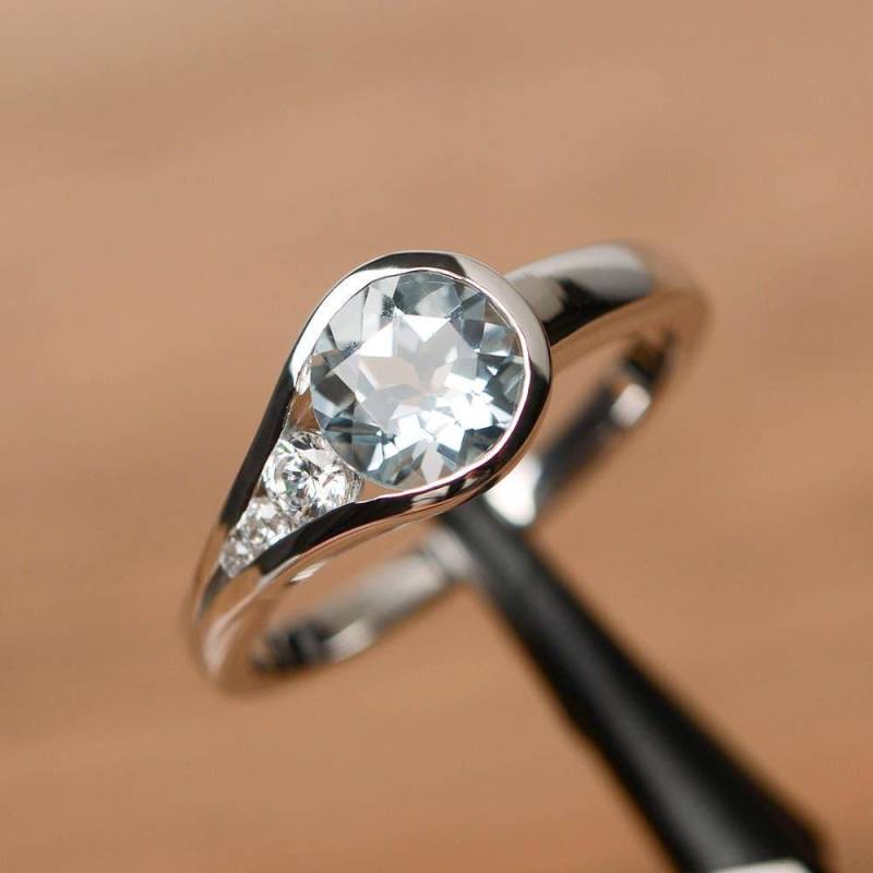 Natürlicher Aquamarinring März Geburtsstein Lünette Einstellung Versprechen Ring Weißgold Jahrestag von PalmaryJewelry