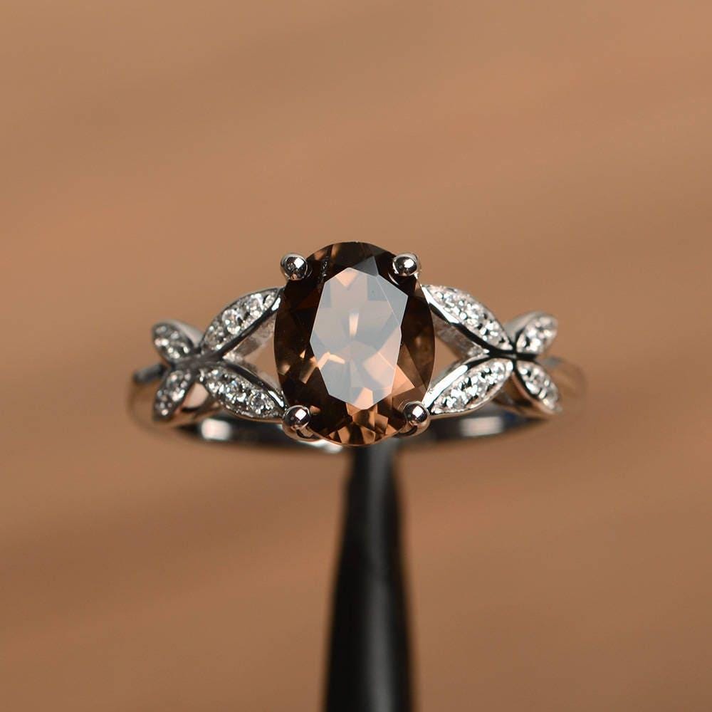 Natürlicher Rauchquarz Ring Oval Geschliffener Brauner Edelstein Sterling Silber Jahrestagsring von PalmaryJewelry