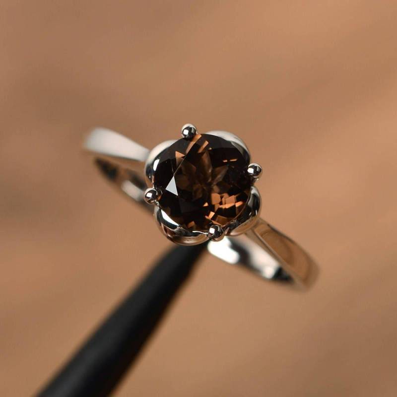 Natürlicher Rauchquarz Ringe Cocktailringe Rundschliff Braun Edelstein Sterling Silber Schöne von PalmaryJewelry