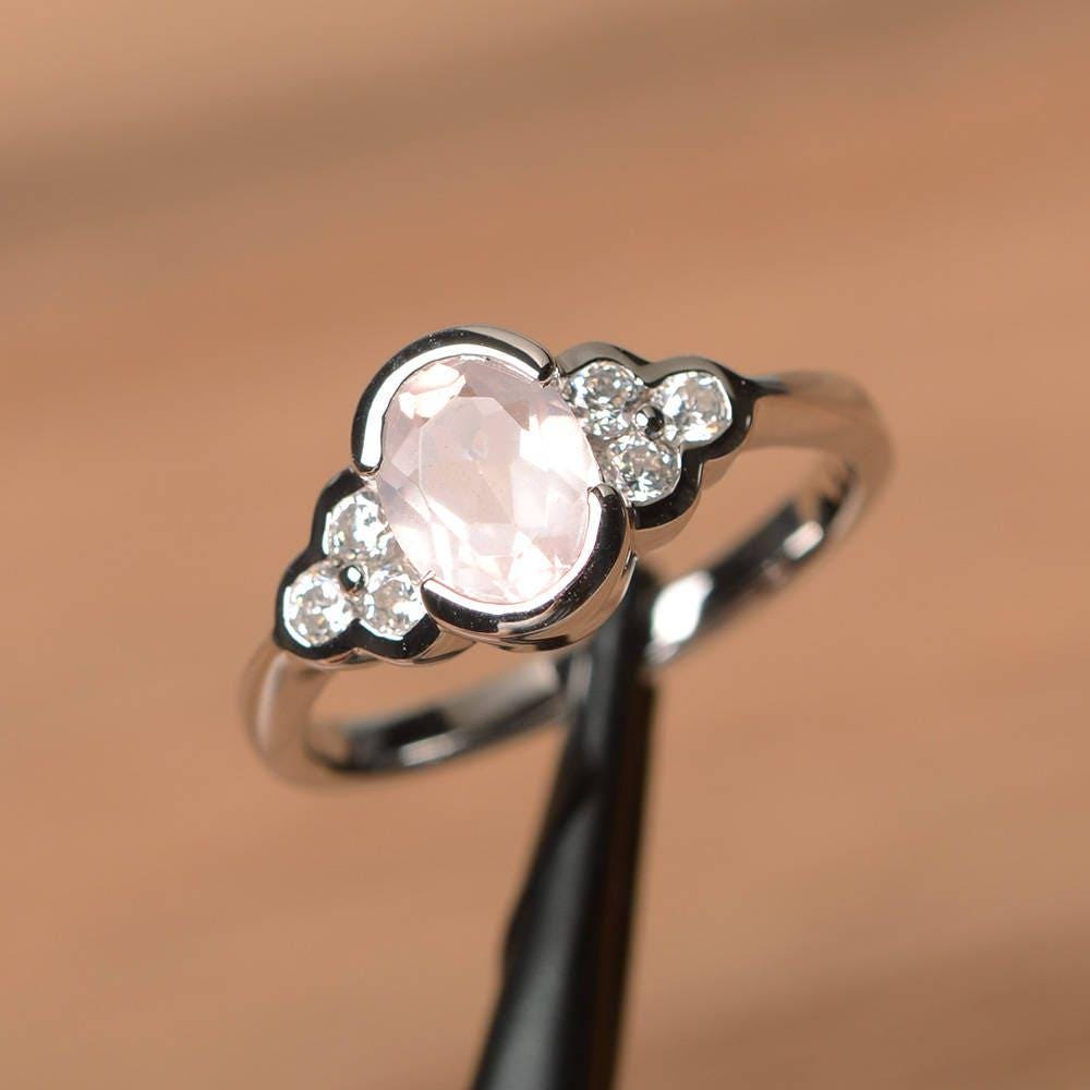 Natürlicher Rosa Quarzring Versprechensring Ovalschliff Edelstein Sterlingsilberring von PalmaryJewelry