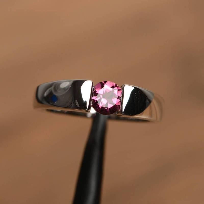 Natürlicher Turmalin Ring Rundschliff Rosa Edelstein Oktober Geburtsstein Sterling Silber Verlobungsring von PalmaryJewelry