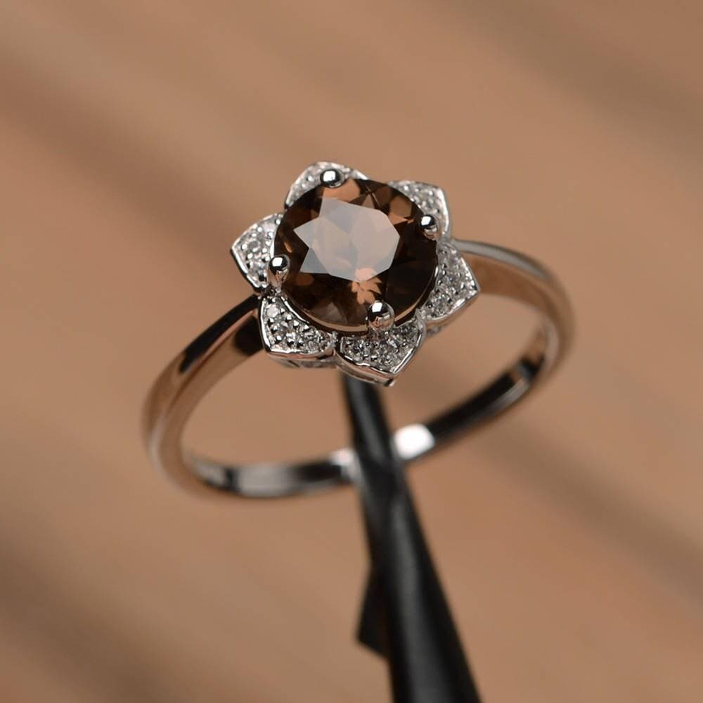 Rauchquarz Ring Natürlicher Silber Sonnenblumen Ehering Edelstein von PalmaryJewelry