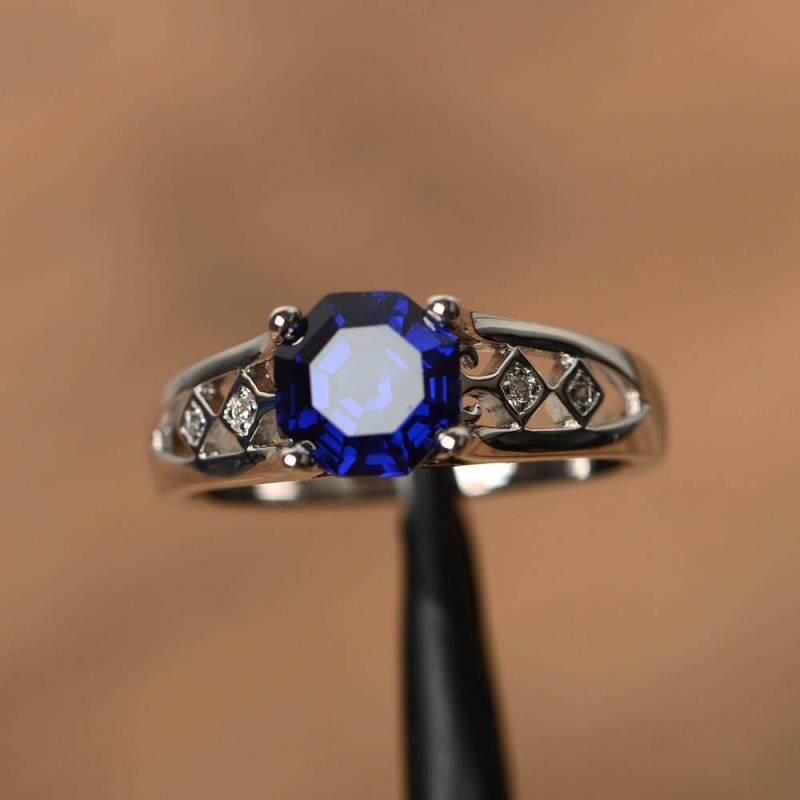 Retro Blauer Saphir Ring Silber Achteck Förmiger September Geburtsstein von PalmaryJewelry