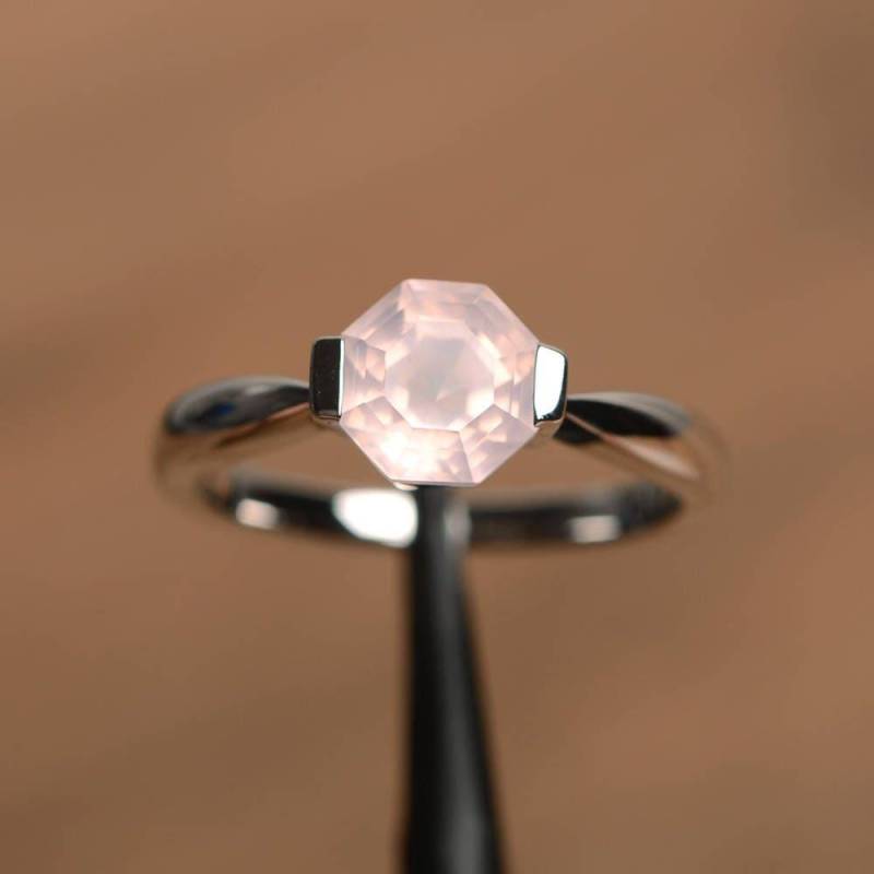 Rosa Quarz Ring Ehering Achteck Schliff Edelstein Sterlingsilber Solitär von PalmaryJewelry
