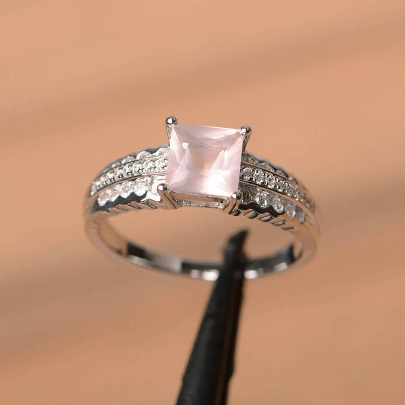 Rosa Quarz Ring Princess Cut Edelstein Sterling Silber Verlobungsring von PalmaryJewelry
