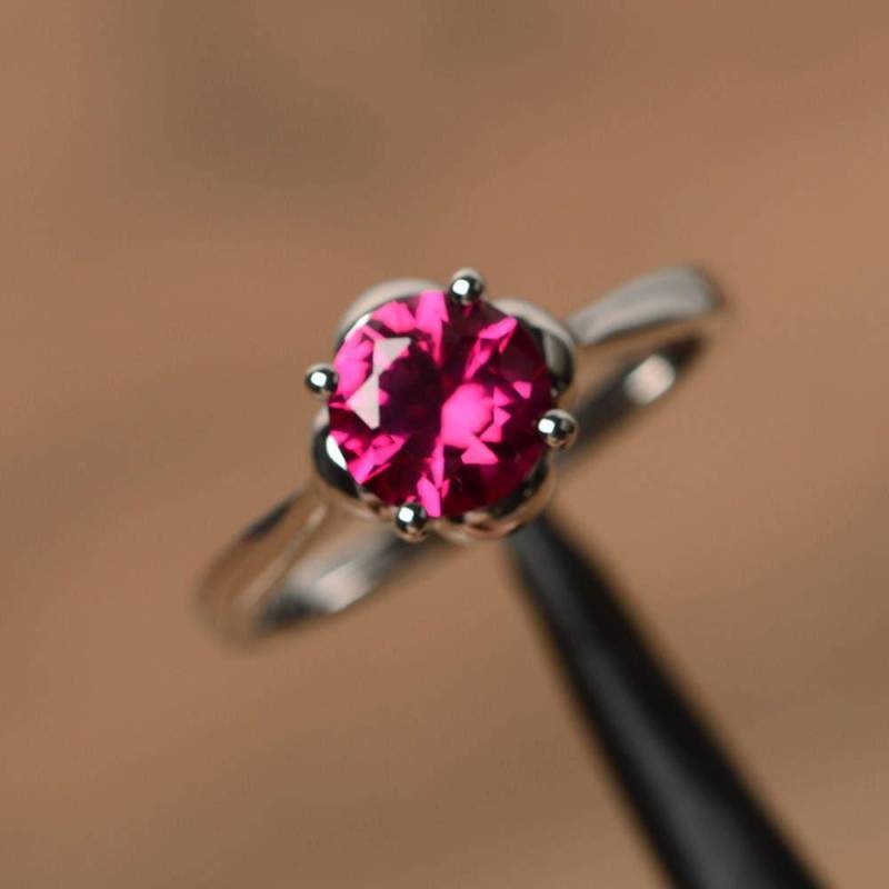 Roter Rubin Ringe Verlobungsringe Rundschliff Edelstein Juli Geburtsstein Sterling Silber Weihnachtsgeschenke von PalmaryJewelry