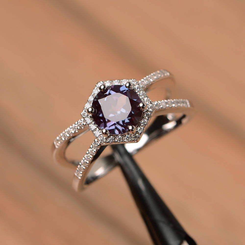 Rund Geschnitten Labrador Alexandrit Ring Verlobungsring Juni Geburtsstein Sterling Silber Ehering von PalmaryJewelry