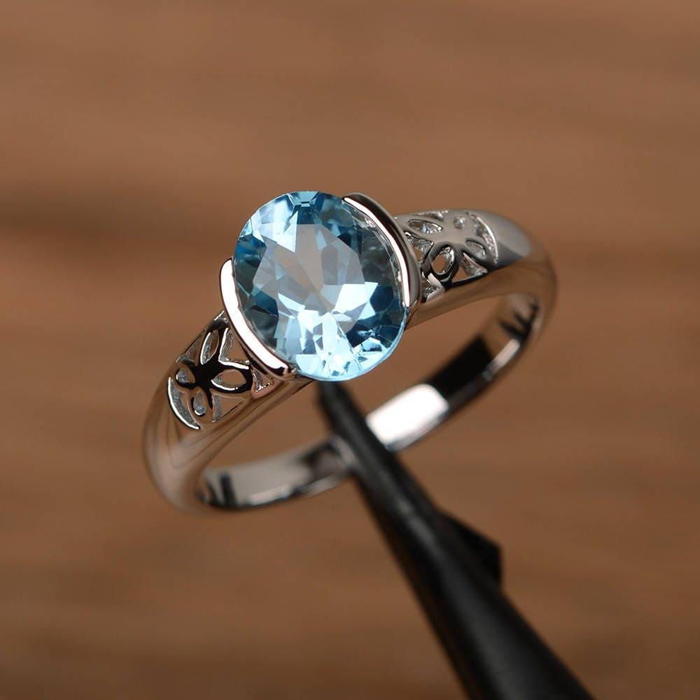 Schweizer Blautopas Retro Vorschlag Ring Sterling Silber Ovalschliff November Geburtsstein von PalmaryJewelry
