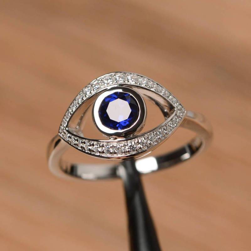 September Geburtsstein Labrador Blau Saphir Ring Ehering Solide Sterling Silber Runden Schnitt Bösen Blick Blauen Edelstein von PalmaryJewelry